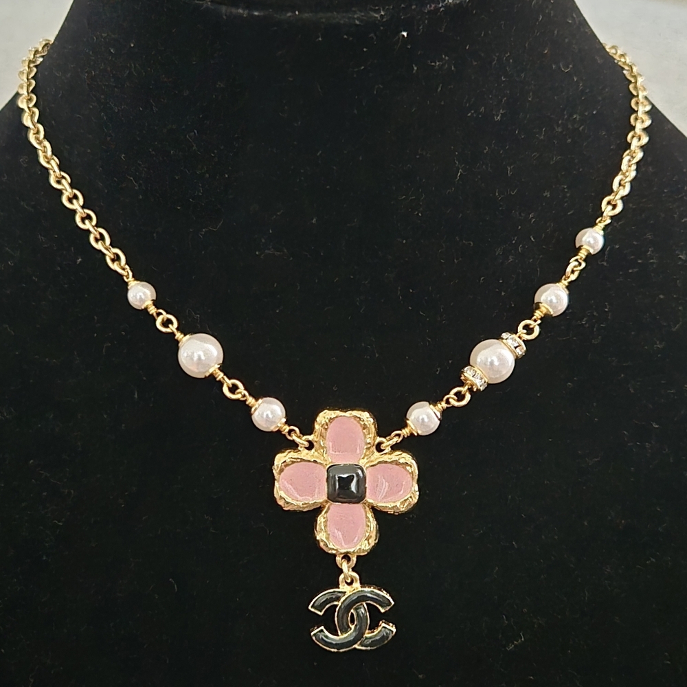 Chanel 23K Gold Plated Necklace Pink Flower Black CC Pendant